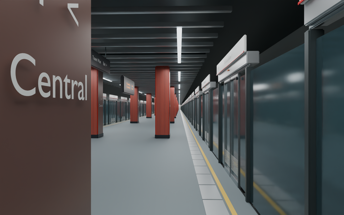 Rendered island station with red columns and full-height platform gates